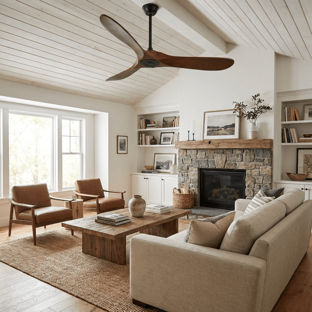 DC Motor Ceiling Fan with Wooden Blades 42 or 52 Inch Diameter Remote Control Indoor Air Circulation for Bedrooms Living Rooms Offices Low N
