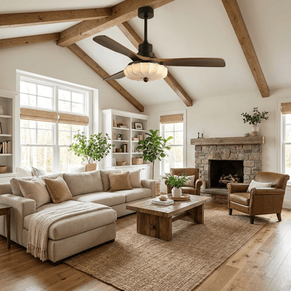 Wood Blade Ceiling Fan with Drum Shade Light DC Motor 6 Speed Remote Indoor Dining Living Bedroom Adjustable 36 42 48 52 Inch Quiet Reversib