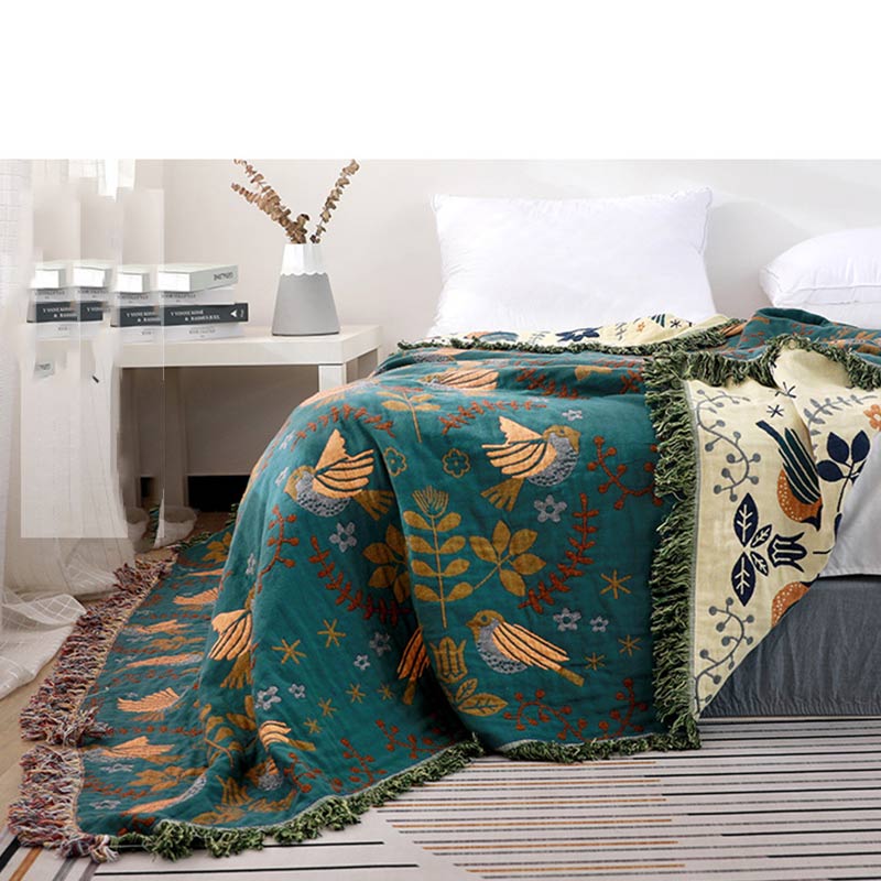 Reversible Cotton Throw Blanket with Woven Bird & Floral Pattern, Tasseled Edge for Couch, Sofa, Bed – Double-Sided Bohemian Home Accent