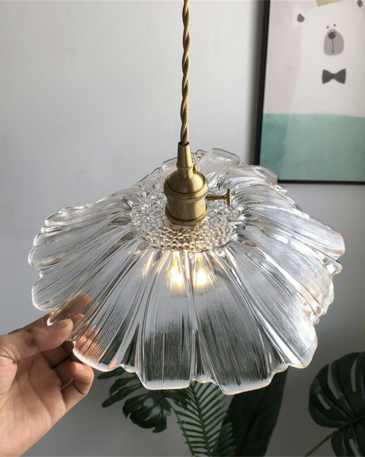 Glass Pendant Light with Brass Socket and Organic Petal Shape for Dining Room and Living Space