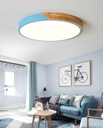 Round Flush Mount Ceiling Light with Wood Accent and Integrated LED – Modern Low Profile Fixture in 9, 12, 16, 20, and 24 inch Sizes for Liv