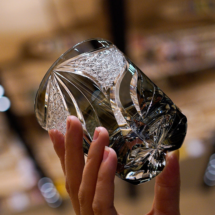 Japanese Cut Crystal Whisky Tumbler with Flame-Carved Pattern & Presentation Box for Spirits