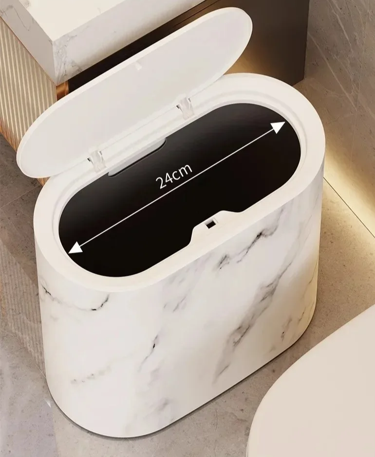 Push-Top Waste Basket with Marble-Look Finish – Slim Oval Design for Small Bathrooms, Bedrooms & Home Offices