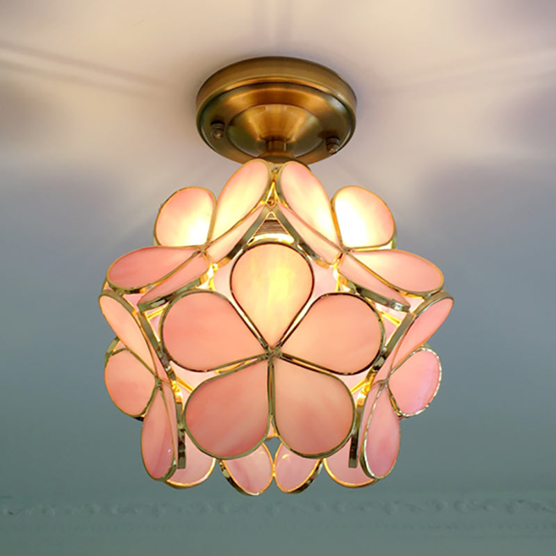 Stained Glass Ceiling Light Fixture with Botanical Design – Semi-Flush Mount 8-Inch Dome for Hallway, Bedroom, Kitchen