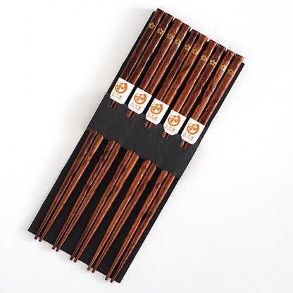 Wooden Eating Sticks 5-Pair Set Natural Timber Cherry Blossom Pattern for Asian Cuisine Rice Noodle Bowl Tableware