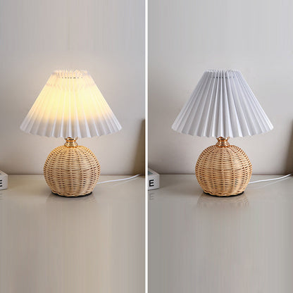 Nordic Rattan Table Lamp with Fabric Shade, USB Powered & Infinitely Dimmable LED Light for Bedroom, Living Room, Study
