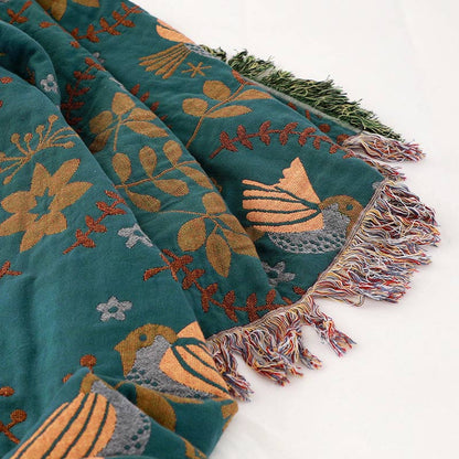 Reversible Cotton Throw Blanket with Woven Bird & Floral Pattern, Tasseled Edge for Couch, Sofa, Bed – Double-Sided Bohemian Home Accent