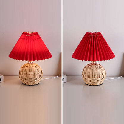 Nordic Rattan Table Lamp with Fabric Shade, USB Powered & Infinitely Dimmable LED Light for Bedroom, Living Room, Study