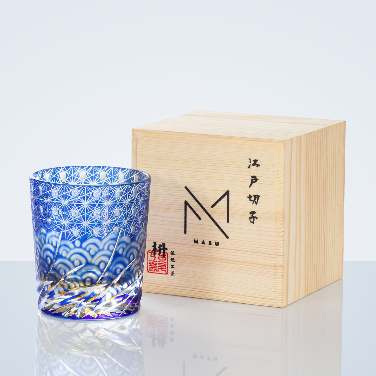Hand-Cut Crystal Tumbler for Bourbon & Spirits, Blue-Amber Glass with Authentic Japanese Patterns, Gift-Ready Keepsake Box for Collectors