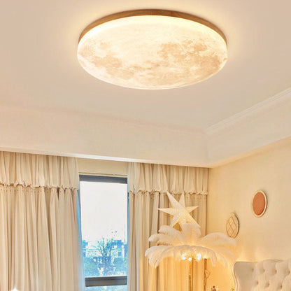 Circular LED Flush Mount Ceiling Light Wood Trim Acrylic Diffuser Hardwired Low Profile for Bedroom Hallway Kitchen Dining Room Entryway