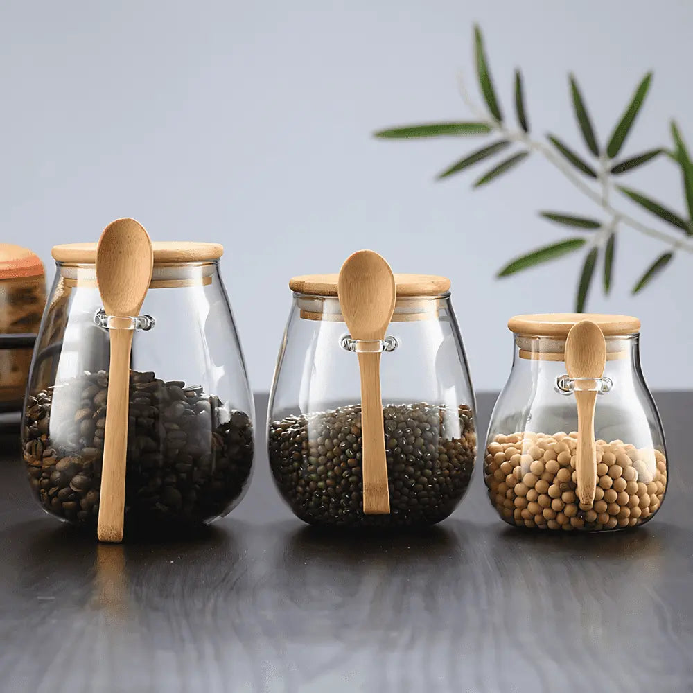 Clear Glass Canister with Bamboo Lid & Spoon for Pantry Organization Coffee Beans Loose Tea Dry Goods Kitchen Counter Storage Jar Airtight S