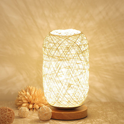 Woven Rattan Table Lamp with Wood Base & Metal Frame – Plug-In LED Desk Light for Bedroom, Living Room & Office