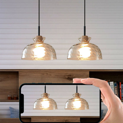 Clear Glass Pendant Light with Wood Accent E26 Socket for Kitchen Island Dining Room Bedroom Ceiling Fixture Hardwired Hanging Lamp