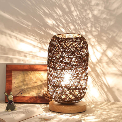 Woven Rattan Table Lamp with Wood Base & Metal Frame – Plug-In LED Desk Light for Bedroom, Living Room & Office
