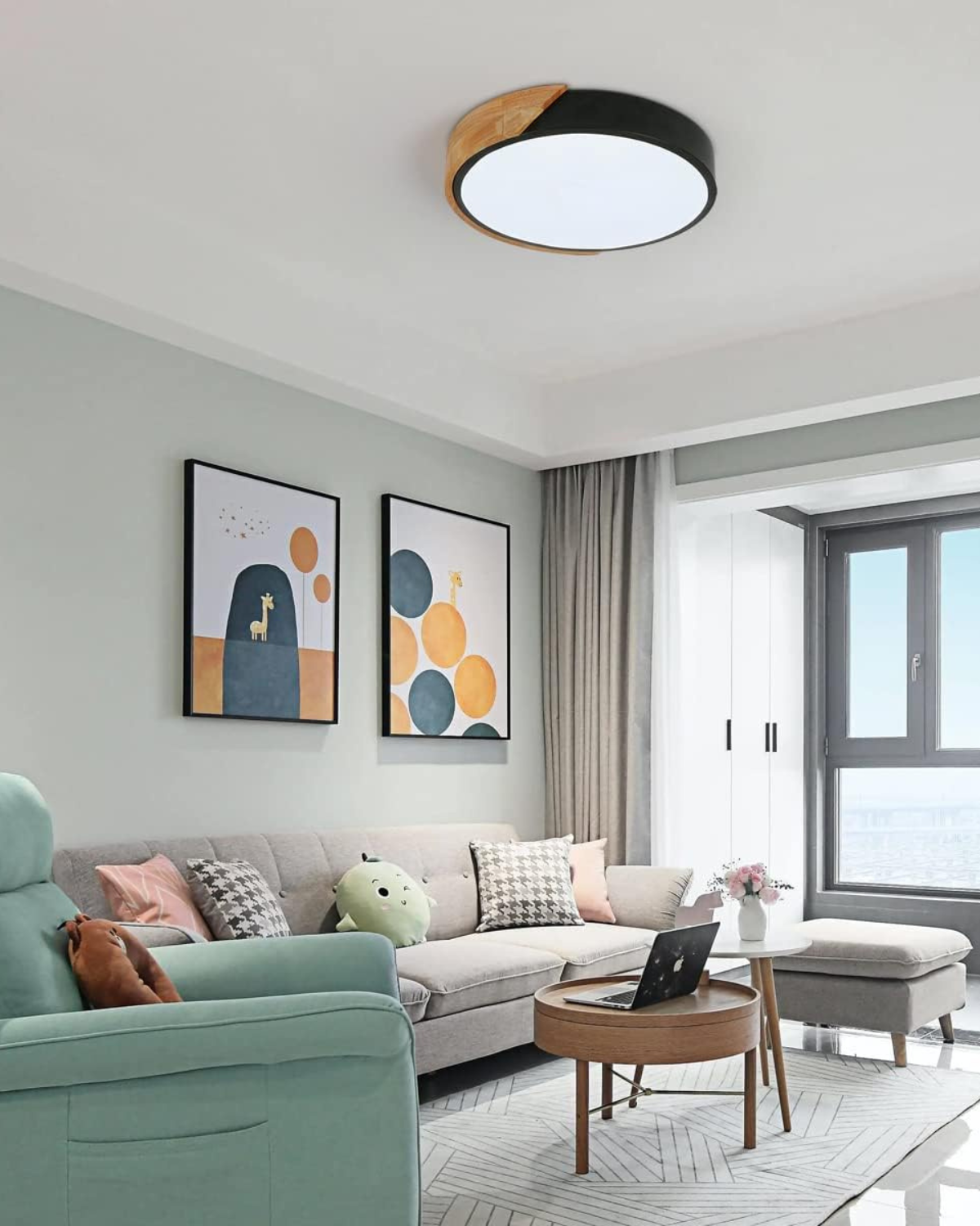 Round Flush Mount Ceiling Light with Wood Accent and Integrated LED – Modern Low Profile Fixture in 9, 12, 16, 20, and 24 inch Sizes for Liv