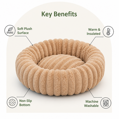 Ortekor Long-Pile Plush & Insulated Round Dog Bed (For Small Dogs & Cats)