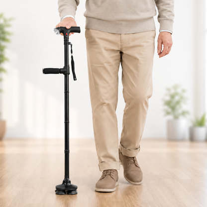 Quad-Base Folding Walking Cane with LED Light & Alarm for Stability, Balance Support & Mobility Aid