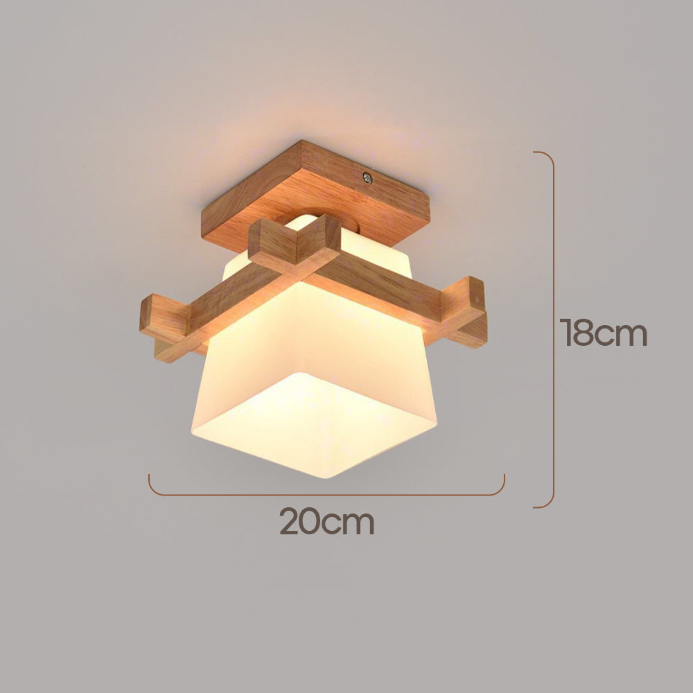 Square Flush Mount Overhead Light Fixture E27 Socket 7.9 Inch White Wood Accent for Bedroom Hallway Living Room Minimalist Scandinavian Mode