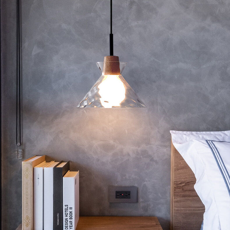 Hanging Ceiling Fixture Glass and Wood Shade Adjustable Cord E26 Socket for Bedroom Den Kitchen Dining Room Hallway