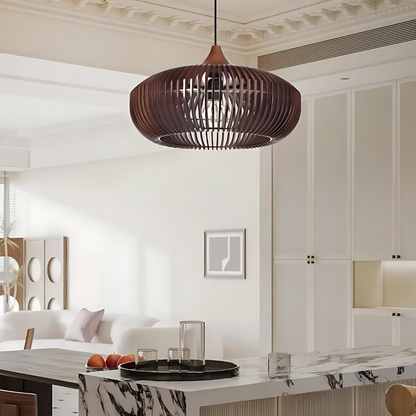 Wood Slat Ceiling Fixture Round Natural 17-Inch Japandi Style Above Table Island Ambient Hanging Light for Dining Kitchen Living Room