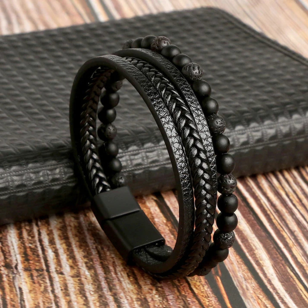 Men's Multi-Strand Magnetic Bracelet – Braided Leather & Beaded Layers for Everyday Style