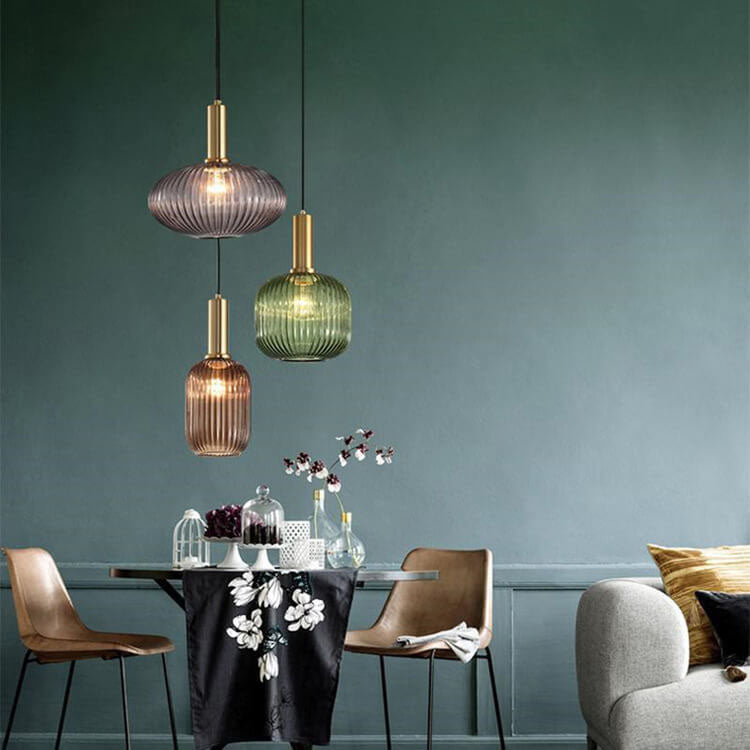 Ribbed Glass Cylinder Hanging Fixture Single-Bulb Suspension Lamp for Kitchen Island Dining Room Entryway