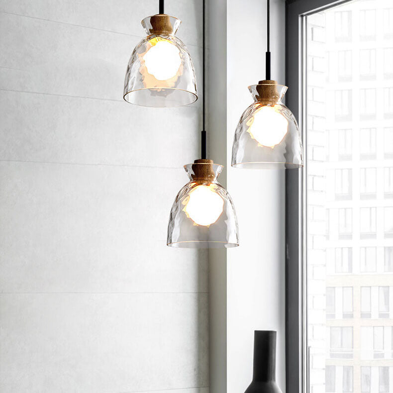 Hanging Ceiling Fixture Glass and Wood Shade Adjustable Cord E26 Socket for Bedroom Den Kitchen Dining Room Hallway