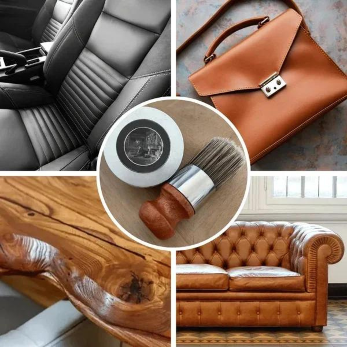 Natural Wax Leather Conditioner Balm with Wooden Applicator Brush for Furniture Upholstery Car Seats Jackets Bags Restores Shine Softens Hid