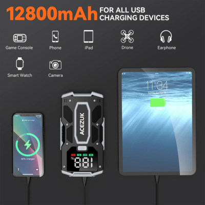 Versatile Power Solution | 3000A Portable Jump Starter with 12800mAh Power Bank | Compact Design for Emergency Use