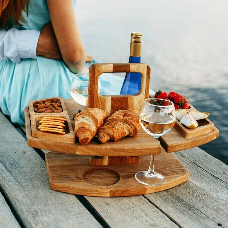 Portable Wine & Snack Tray with Carry Handle for Outdoor Picnics, Beach Days, Park Outings & Patio Gatherings | Solid Wood Serving Caddy
