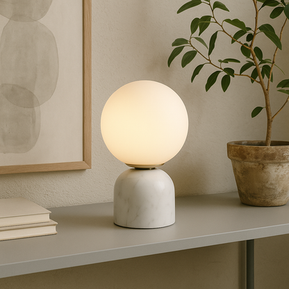Minimalist Globe Accent Lamp with Natural Stone Base – Frosted Sphere Design for Nightstands, Side Tables & Console Styling – Soft Glow Illu