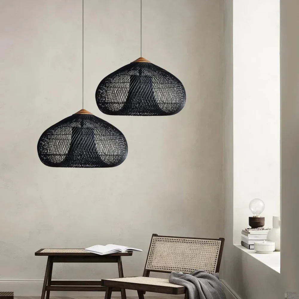 Woven Rattan Ceiling Light Fixture E26 Natural Boho Hanging Lamp for Dining Kitchen Island Bedroom Ambient Lighting Handcrafted Organic Text