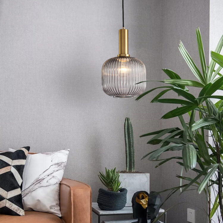 Ribbed Glass Cylinder Hanging Fixture Single-Bulb Suspension Lamp for Kitchen Island Dining Room Entryway