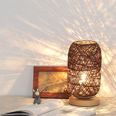 Woven Rattan Table Lamp with Wood Base & Metal Frame – Plug-In LED Desk Light for Bedroom, Living Room & Office