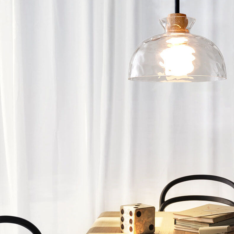 Clear Glass Pendant Light with Wood Accent E26 Socket for Kitchen Island Dining Room Bedroom Ceiling Fixture Hardwired Hanging Lamp