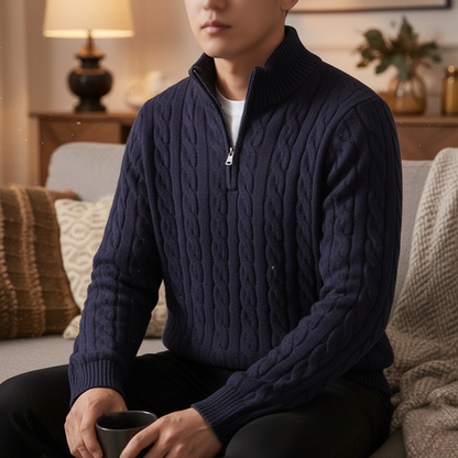 Cable-Knit Quarter-Zip Sweater for Men – 100% Cotton Stand-Collar Pullover for Fall & Winter