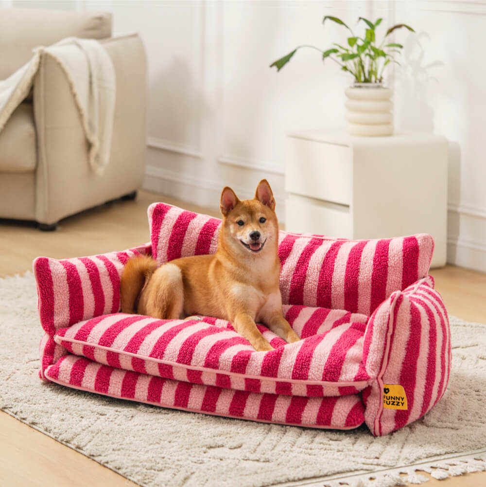 Plush Pet Couch with Washable Cover - Dual-Layer Cushioned Lounger for Dogs & Cats - Striped Fleece Nap Spot