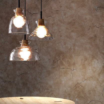 Clear Glass Pendant Light with Wood Accent E26 Socket for Kitchen Island Dining Room Bedroom Ceiling Fixture Hardwired Hanging Lamp