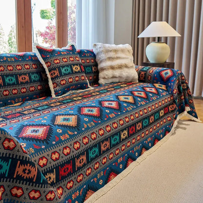 Geometric Throw Blanket for Sofa – Woven Cotton Chenille Couch Cover with Bohemian Pattern for Living Room Furniture