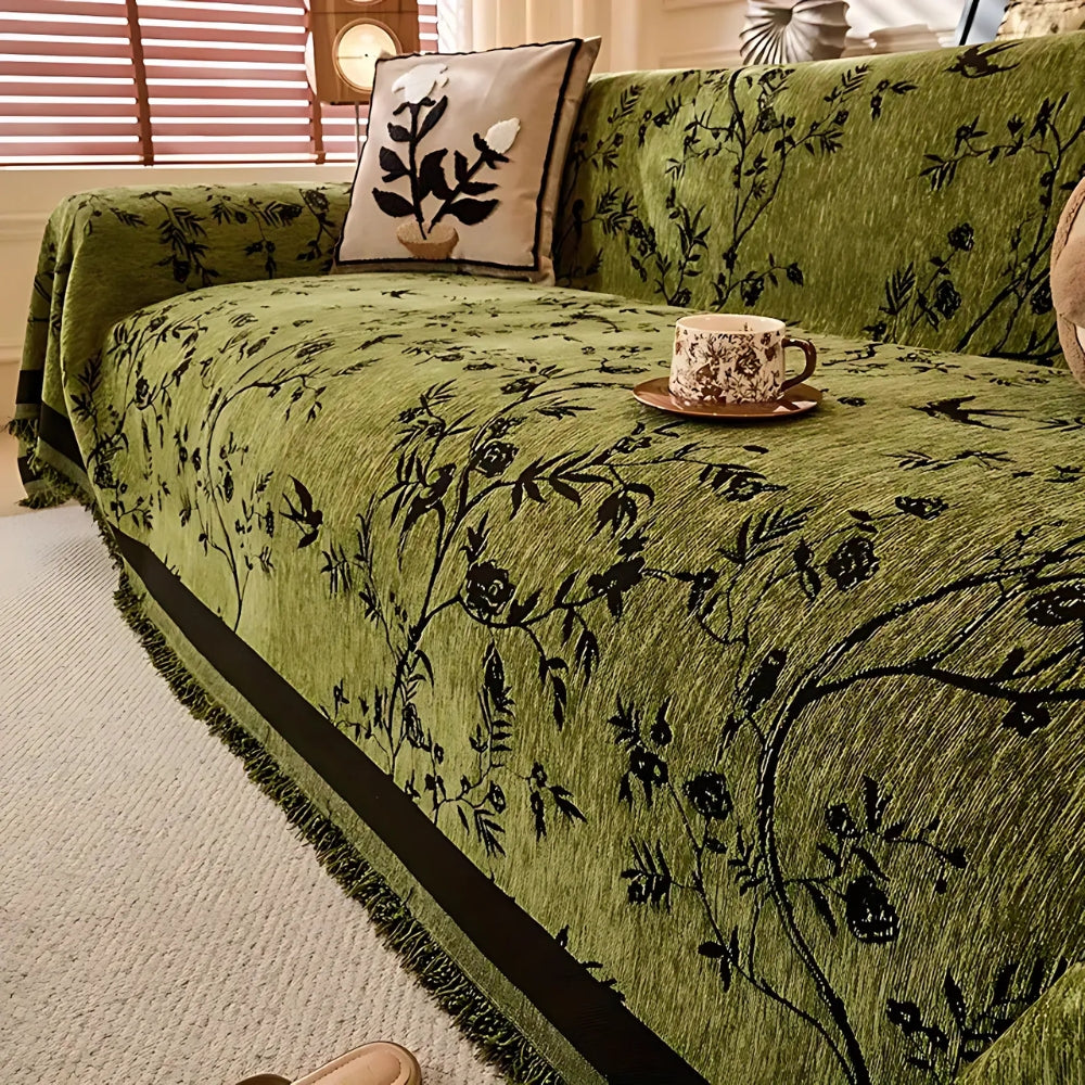 Textured Chenille Sofa Throw Blanket with Tassels – Floral Jacquard Couch Cover for Living Room, Pet-Friendly & Anti-Slip