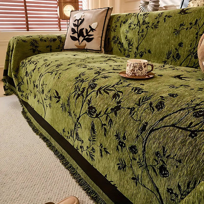 Textured Chenille Sofa Throw Blanket with Tassels – Floral Jacquard Couch Cover for Living Room, Pet-Friendly & Anti-Slip