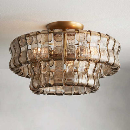 Textured Glass Flush Mount Ceiling Light 18-Inch Brass Finish 3-Light Modern Fixture for Living Room Bedroom Dining Room Entryway