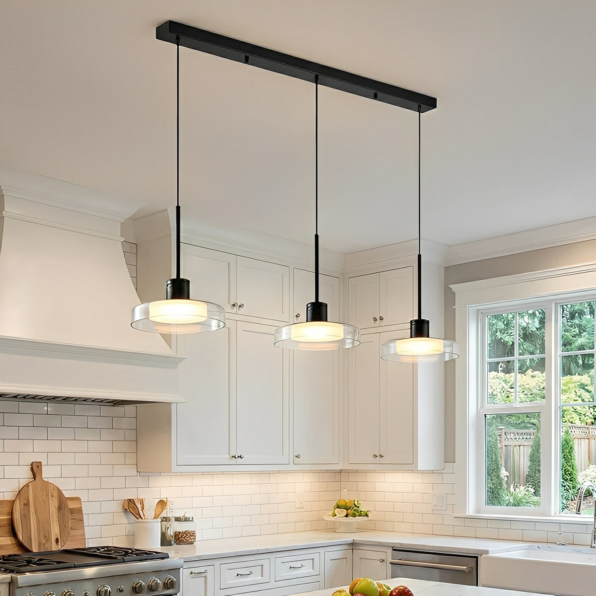 LED Overhead Fixture Multi-Temperature 31-Inch Triple Globe Adjustable Cord for Countertop Bar Table Dining Space Modern Black Aluminum