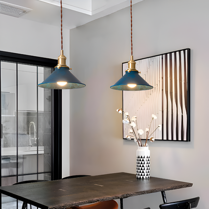 Iron Overhead Fixture 14-Inch Shade Blue Adjustable Drop Height E27 Socket Dining Counter Island Task Lighting Modern Vintage Warehouse Farm