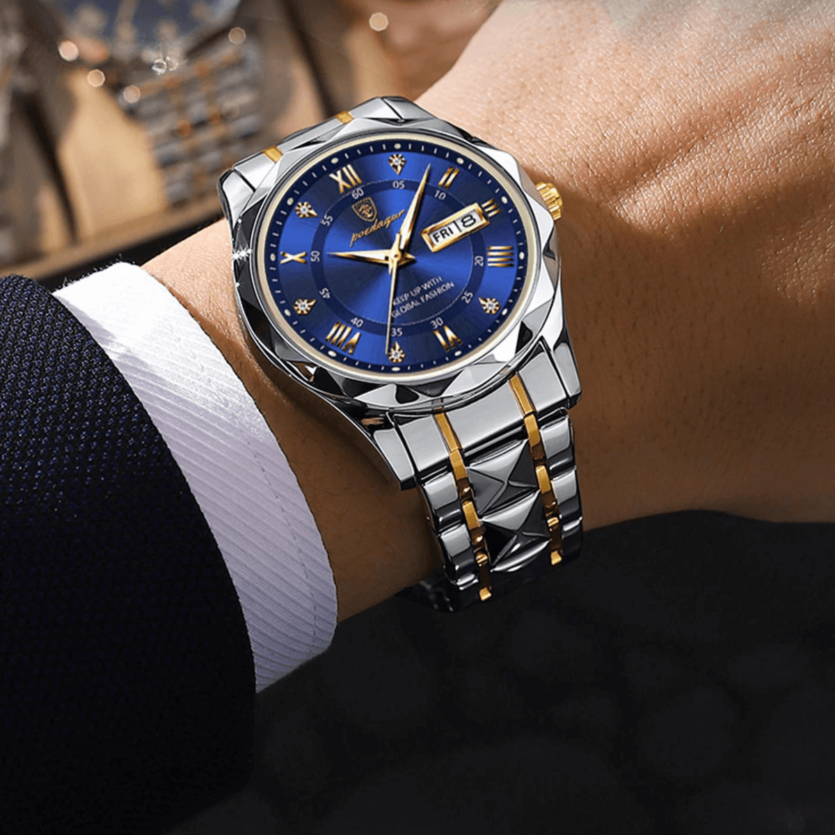 Stainless Steel Men's Watch with Luminous Dial & Date Display