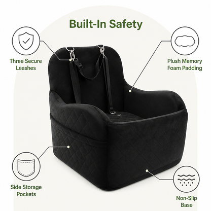 Ortekor Plush Memory Foam Dog Car Seat (3 Clip-On Safety Leashes)