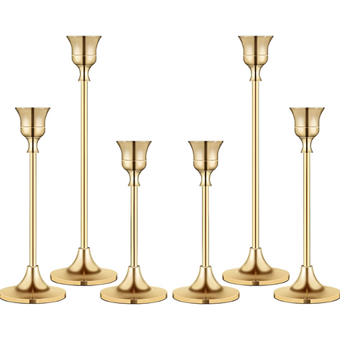 Vesper Candle Holder Set - Gold Metal, Vintage Style Taper Candle Holders, 3 Pieces