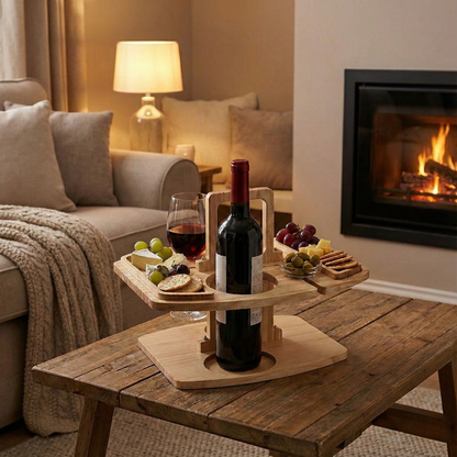 Portable Wooden Wine Serving Caddy with Glass Holders for Picnics, Patio & Balcony Entertaining