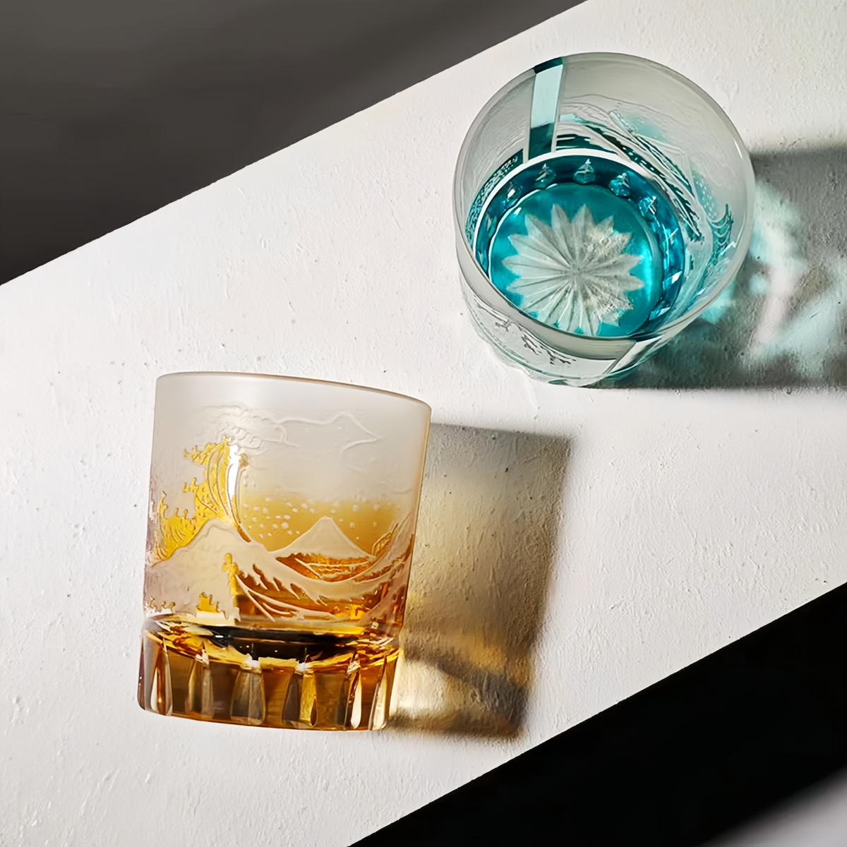 Japanese Wave Crystal Whisky Glass with Mt. Fuji Engraving in Golden or Blue Finish, Handcut Tumbler in Wooden Gift Box for Spirits and Bour