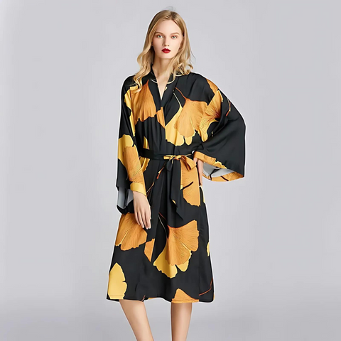 Bamboo Bathrobe - Lightweight Polyester, Ginkgo Leaf Print